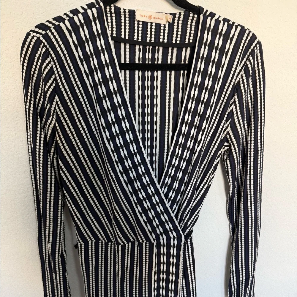 Tory Burch Navy Blue Oxford Stripe Long-Sleeve Jacquard Wrap Dress Size Small